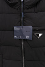 Black padded vest with center zipper and hanging tag, triangle logo