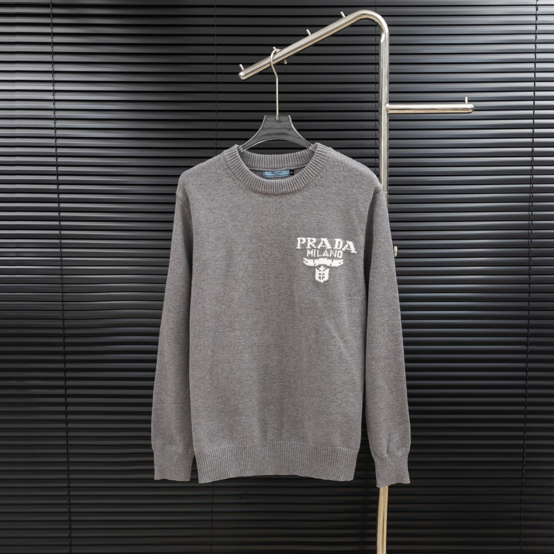 Prada long-sleeve sweater in heather gray with crew neck and PRADA Milano chest logo.
