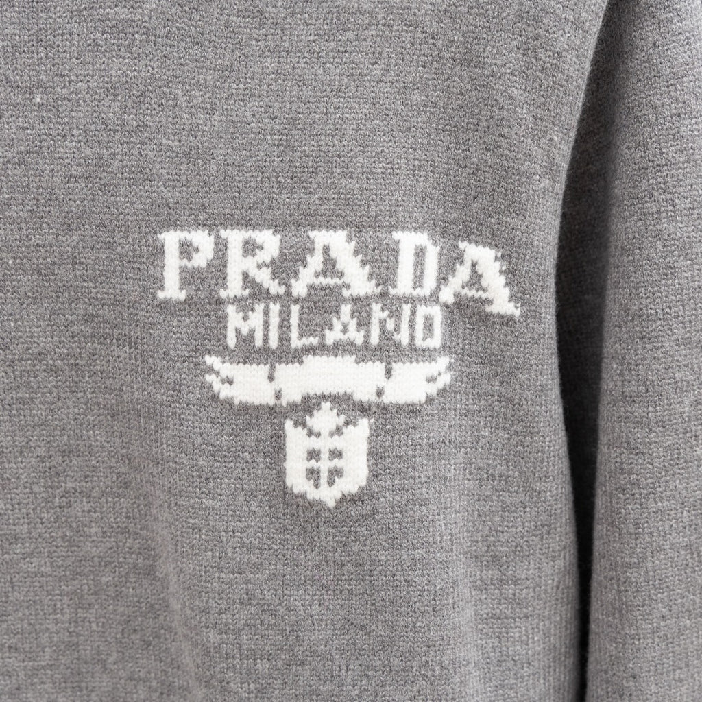 PRADA Milano logo on heather gray Prada knit sweater, with embroidered-style graphic.