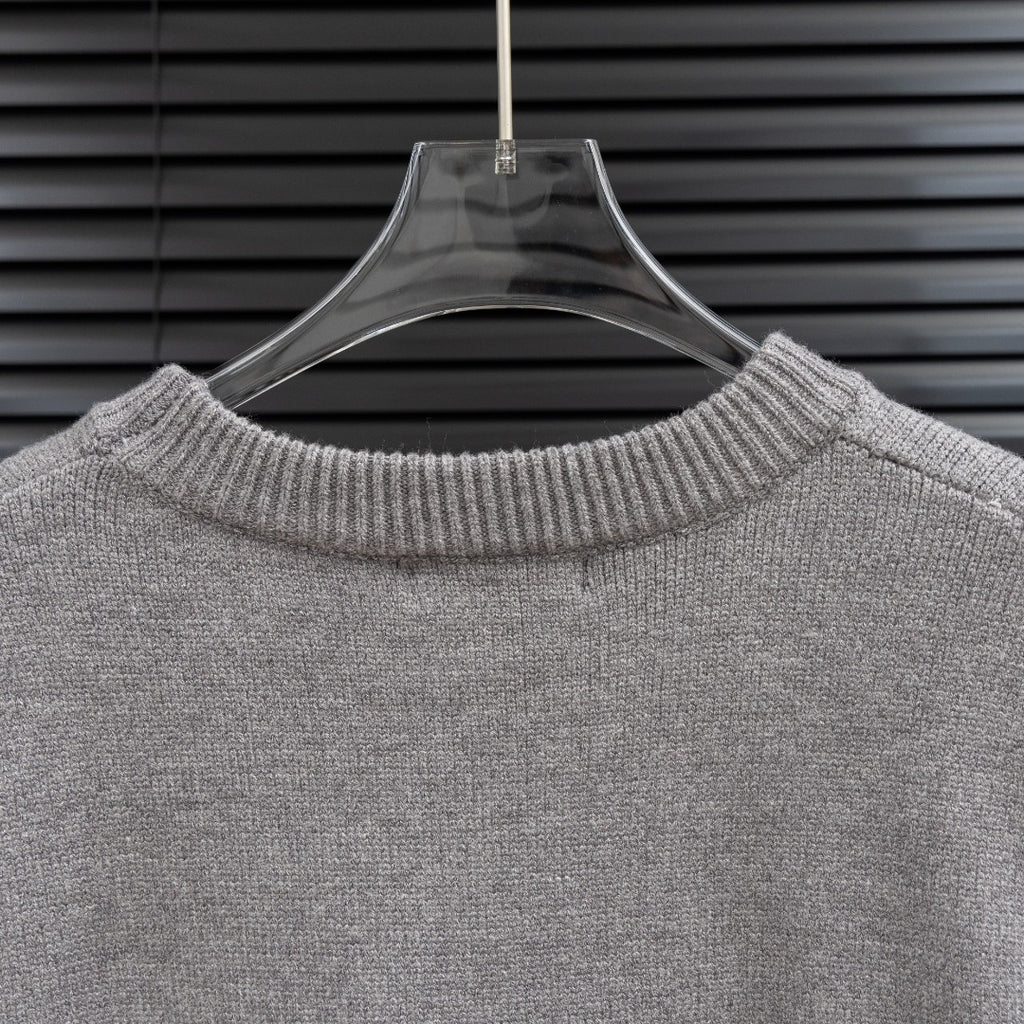 Prada heather gray knit sweater crew neck with ribbed collar edge.