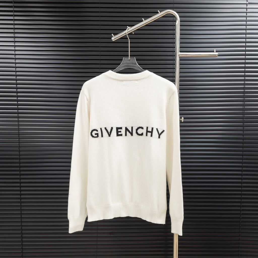 White Givenchy crewneck sweater with 'GIVENCHY' text logo on back