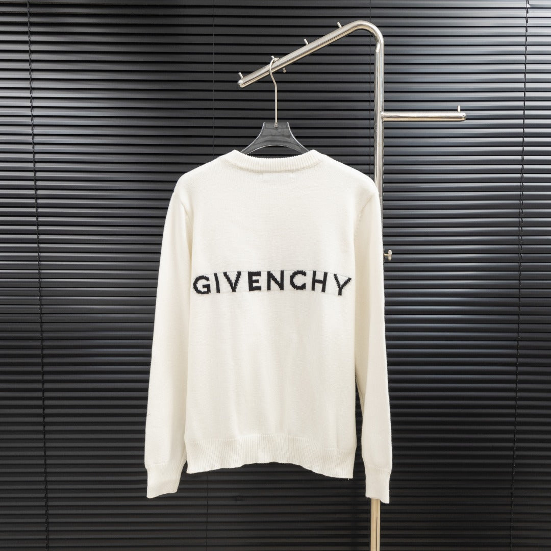 White Givenchy crewneck sweater with 'GIVENCHY' text logo on back