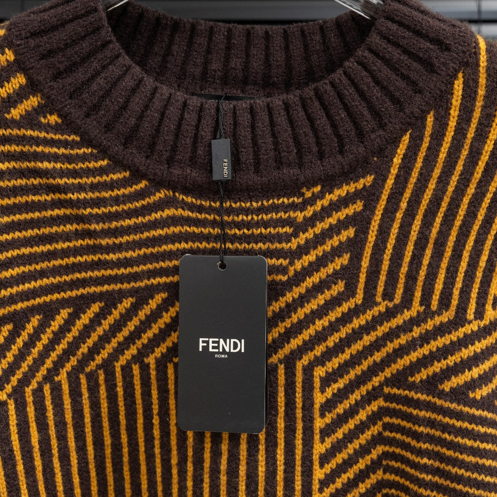 Long-sleeve sweater turtleneck with FENDI label and brown/yellow striped knit