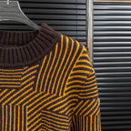 Long-sleeve sweater side view with brown turtleneck and yellow stripe pattern