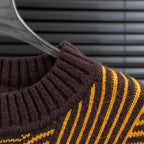 Long-sleeve sweater shoulder and sleeve ribbed knit with brown and yellow stripes