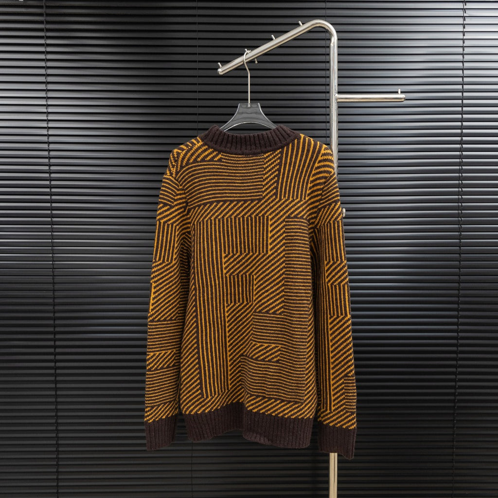 Long-sleeve sweater with dark ribbed turtleneck and brown/yellow geometric knit