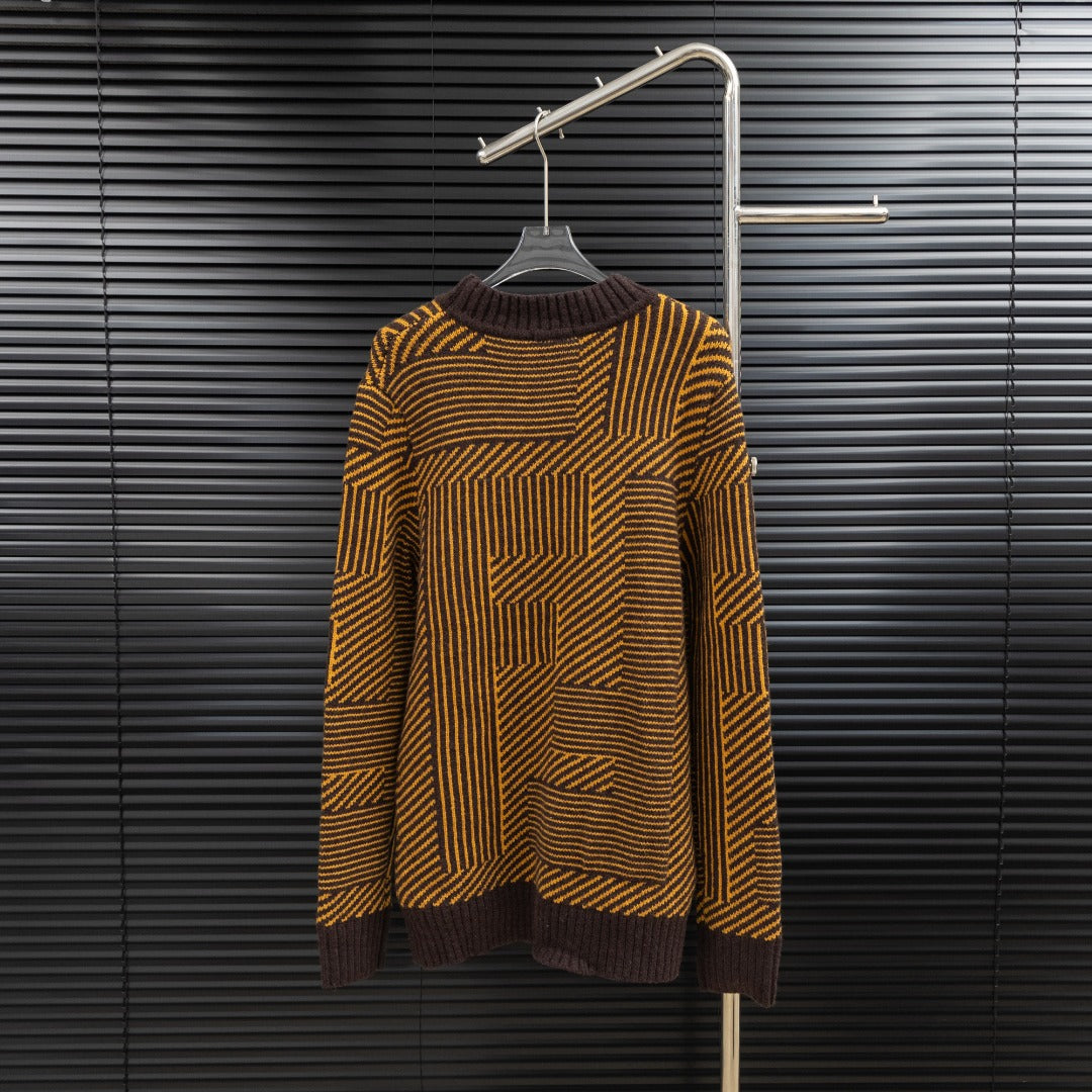 Long-sleeve sweater with dark ribbed turtleneck and brown/yellow geometric knit