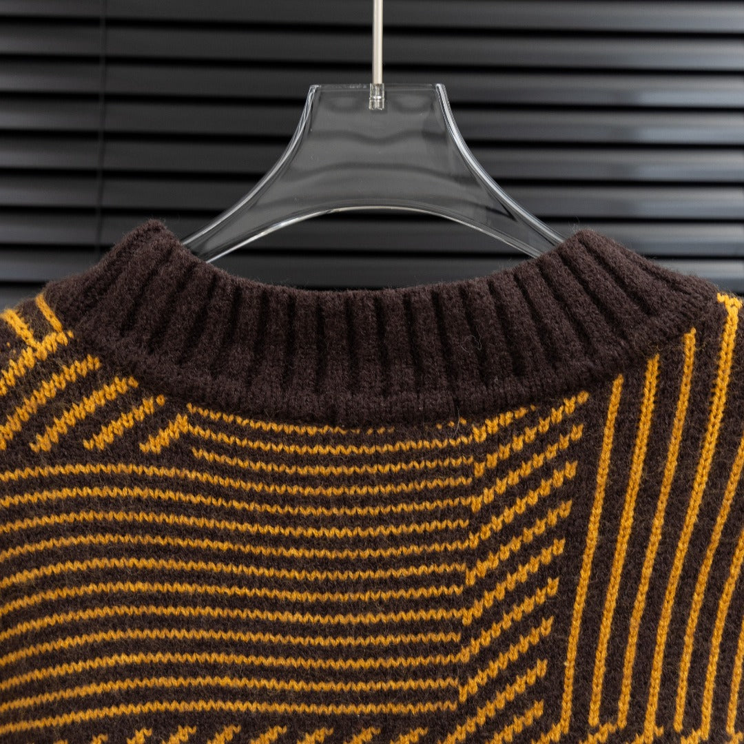 Long-sleeve sweater neckline and upper chest with ribbed turtleneck and stripes