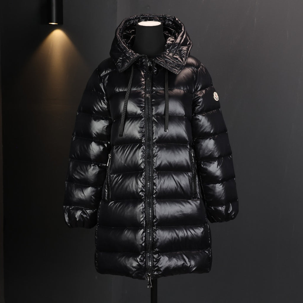 Moncler long puffer coat with hood, front zip, quilted black panels and shiny finish