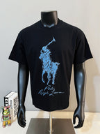 Polo Ralph Lauren black T-shirt with blue polo player graphic on front