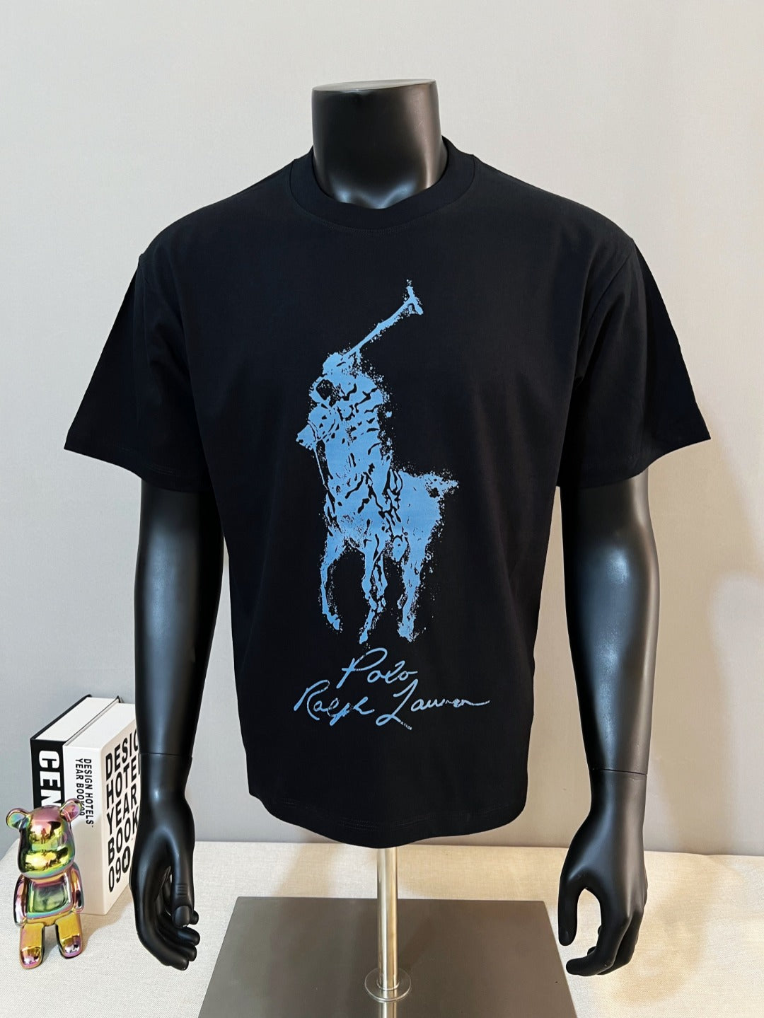 Polo Ralph Lauren black T-shirt with blue polo player graphic on front