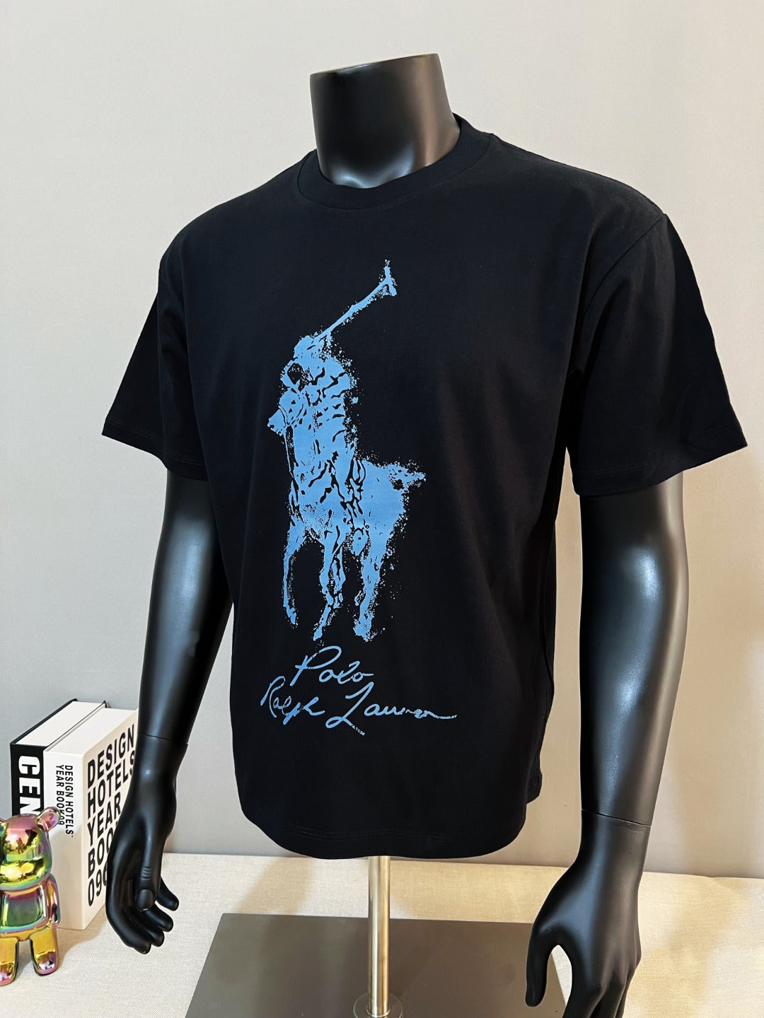 Polo Ralph Lauren black T-shirt with large blue polo player graphic and script logo