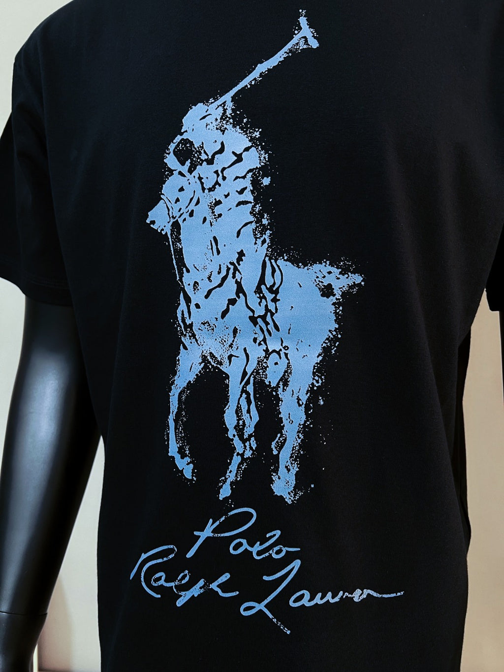 Polo Ralph Lauren black T-shirt front close-up with blue polo player graphic