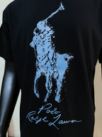Polo Ralph Lauren black T-shirt front close-up with blue polo player graphic