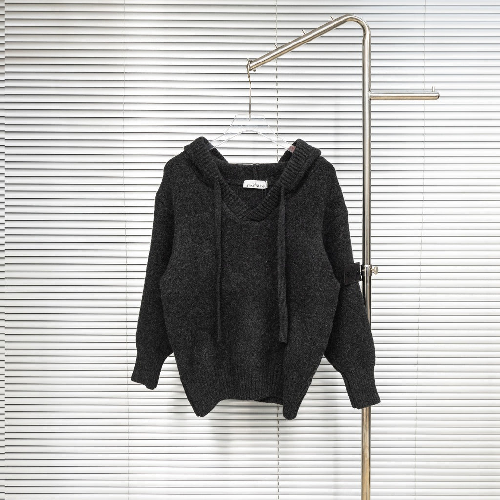 Stone Island hooded sweater, dark charcoal knit with front pocket and long sleeves
