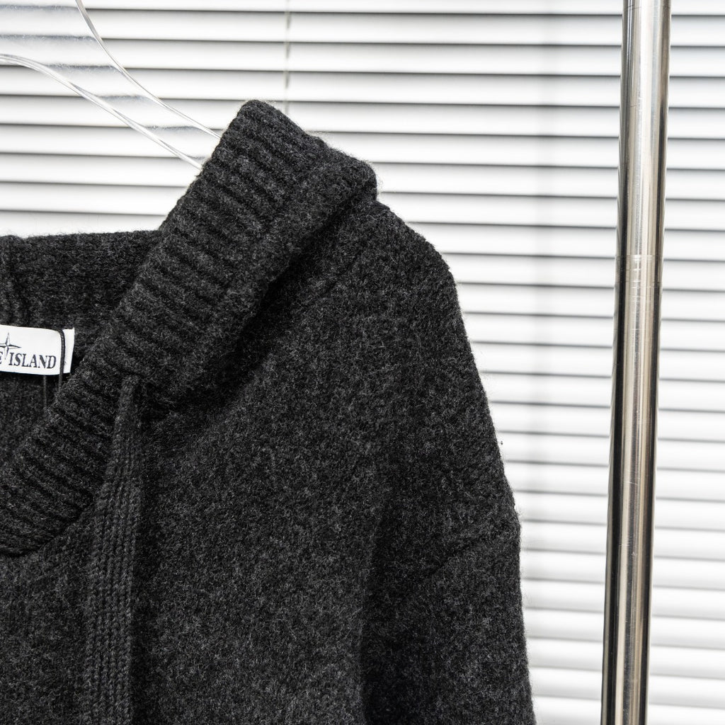 Stone Island hooded sweater hood and shoulder seam detail in dark charcoal knit