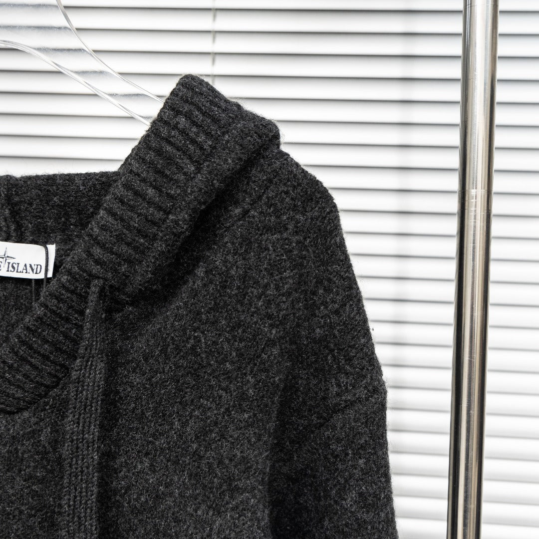 Stone Island hooded sweater hood and shoulder seam detail in dark charcoal knit