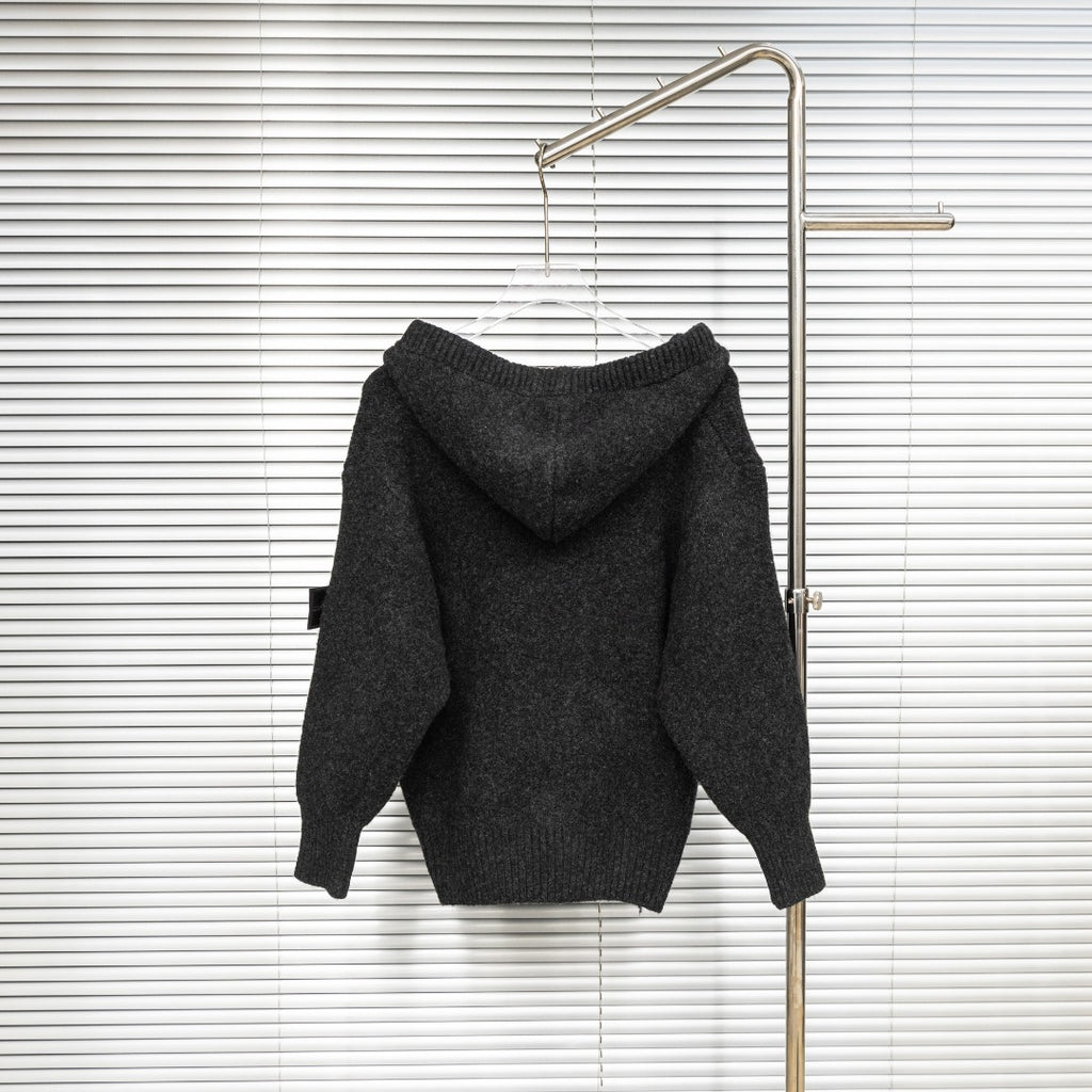 Stone Island hooded sweater, dark charcoal knit with pullover hood and ribbed cuffs
