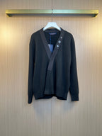 Long-sleeve V-neck sweater with wrap front, dark tone, Louis Vuitton patch details
