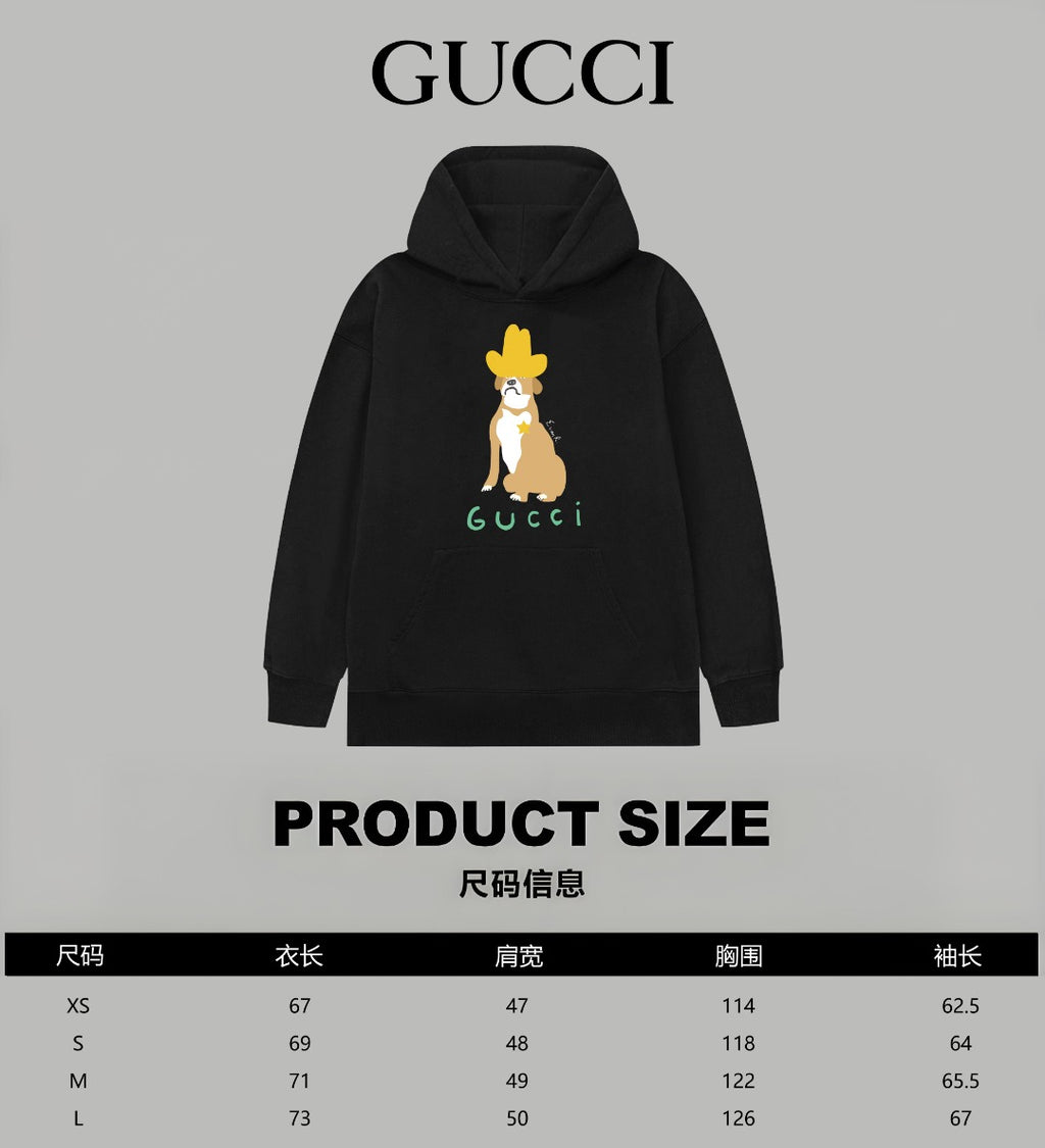 Black hoodie with front dog graphic and GUCCI logo