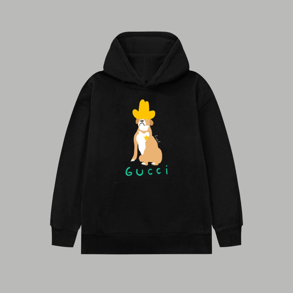 Black long-sleeve hoodie with front dog graphic and GUCCI logo