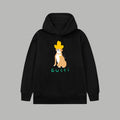 Black long-sleeve hoodie with front dog graphic and GUCCI logo