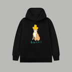 Black long-sleeve hoodie with front dog graphic and GUCCI logo