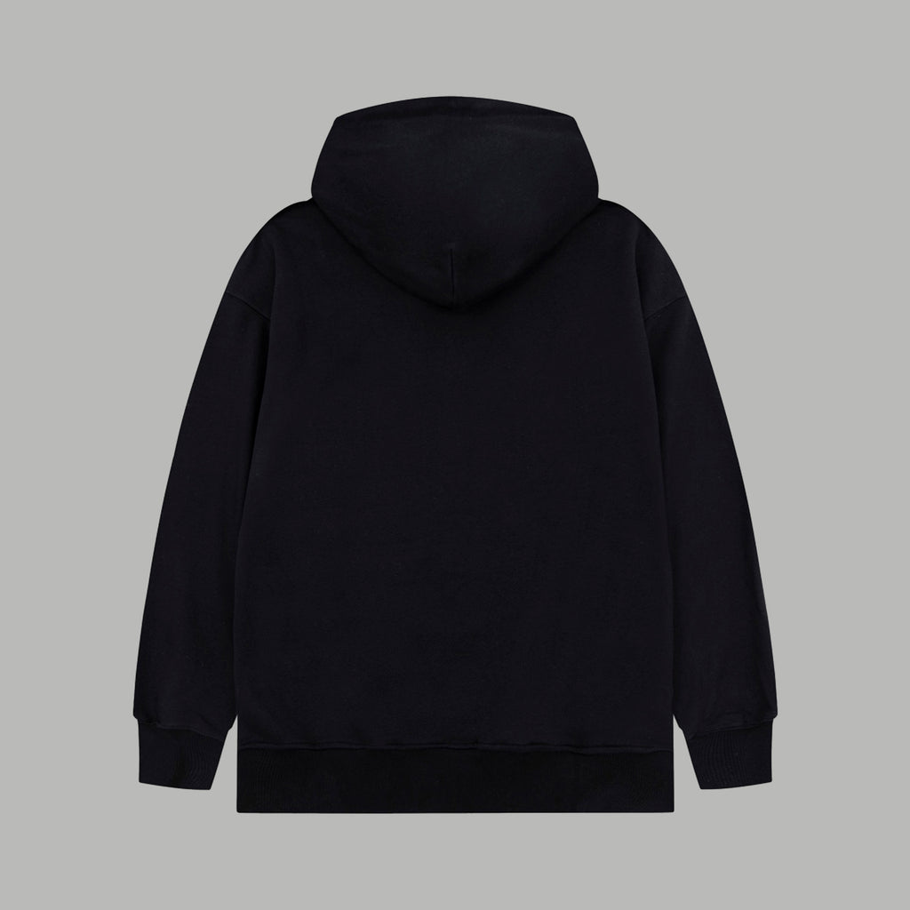 Black long-sleeve hoodie with hood and kangaroo pocket, plain back