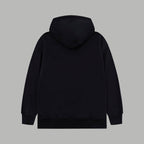 Black long-sleeve hoodie with hood and kangaroo pocket, plain back