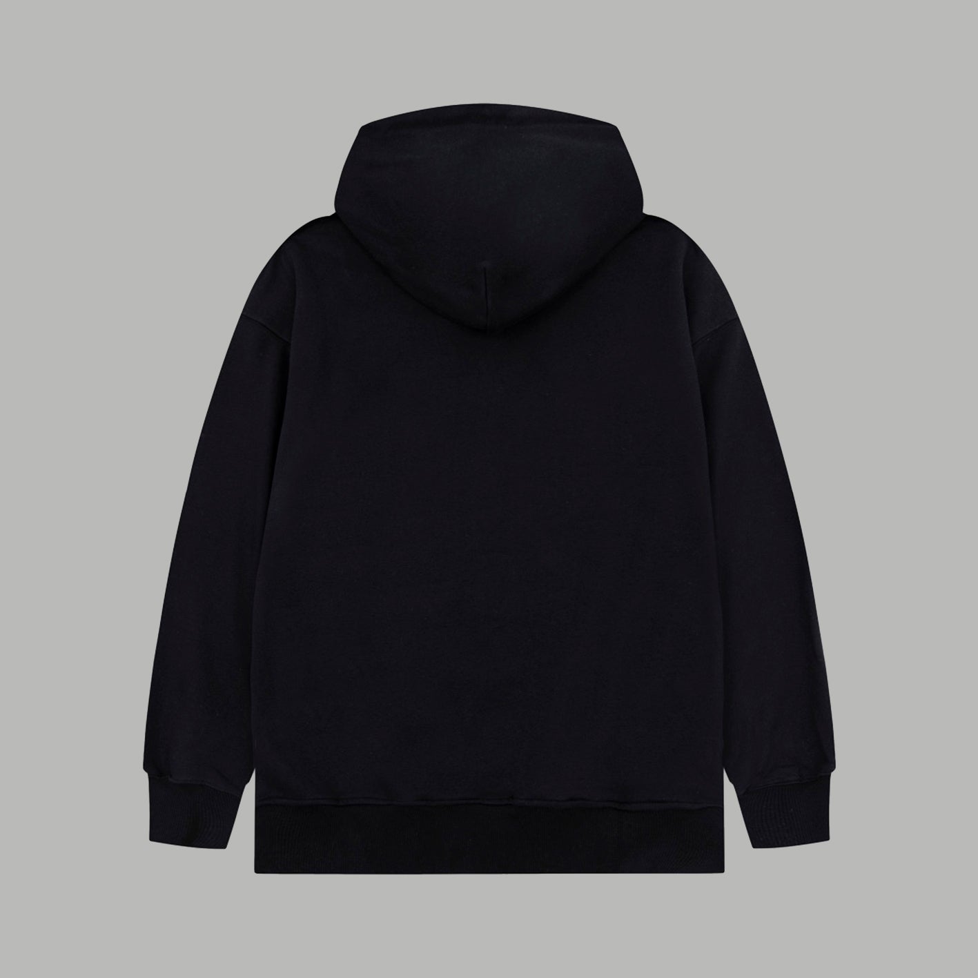 Black long-sleeve hoodie with hood and kangaroo pocket, plain back