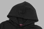 Black hoodie hood close-up with drawstring