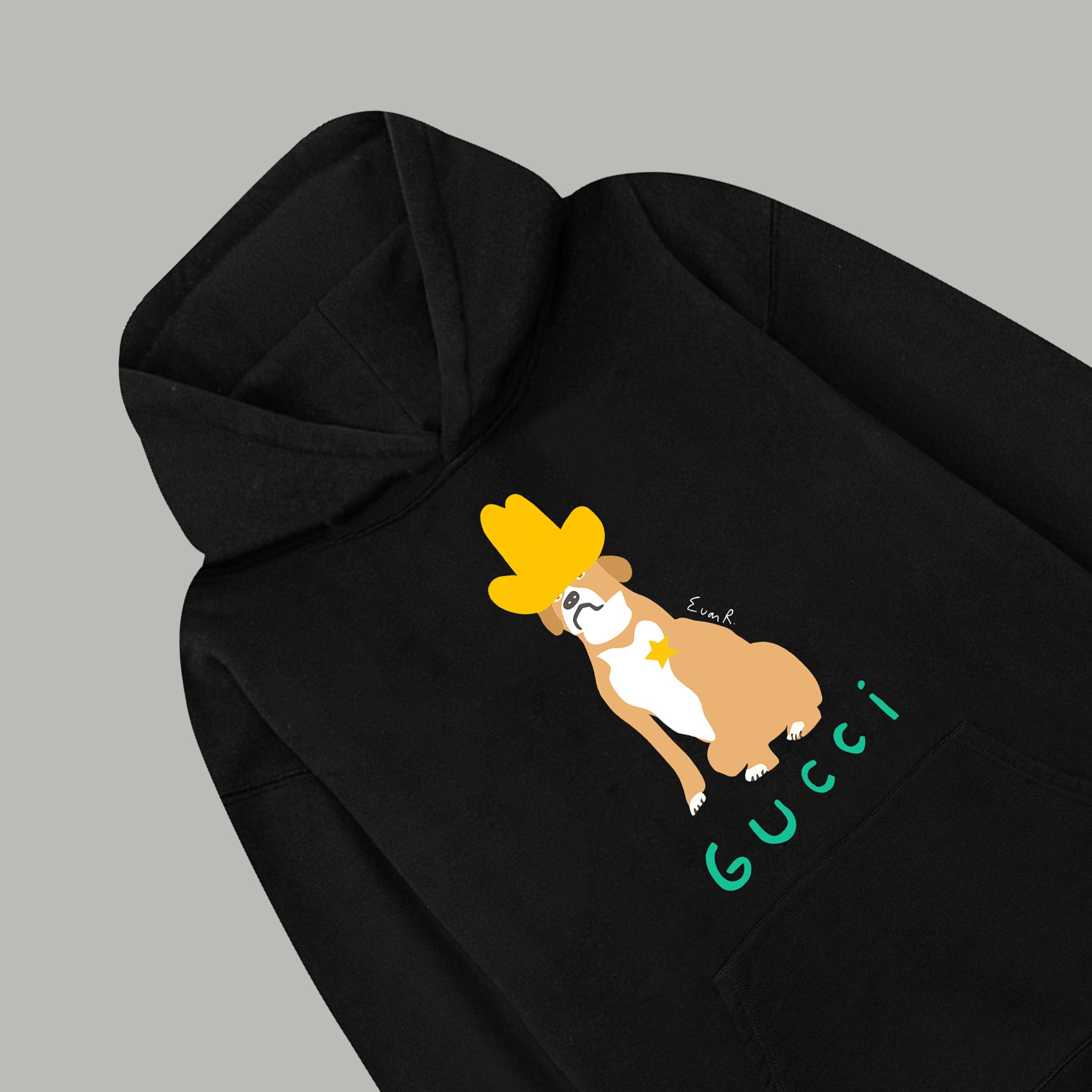 Black hoodie with hood and front dog graphic with green swirls