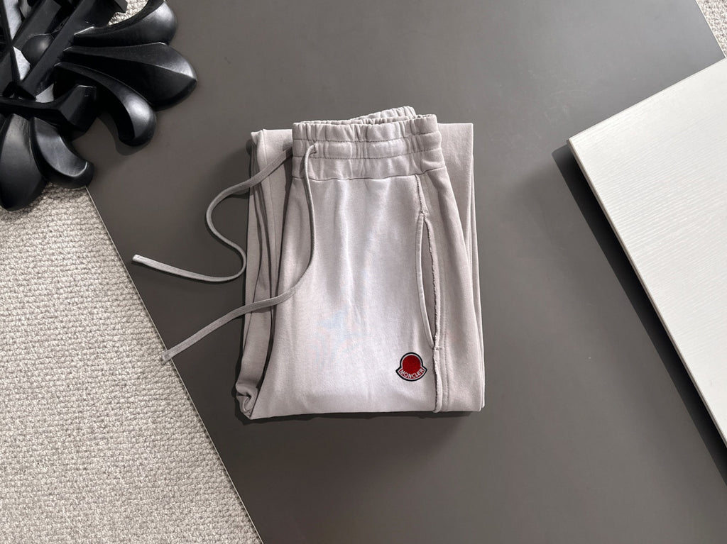 Light gray drawstring pants pouch front pocket, Moncler logo patch