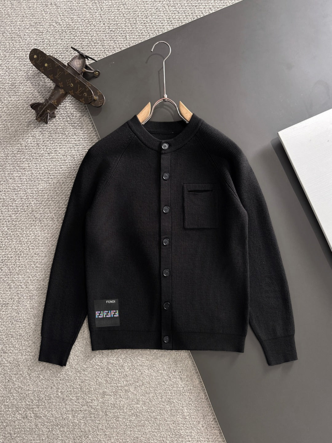 Fendi black cardigan jacket with button front and chest pocket
