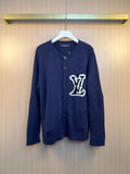 Louis Vuitton navy knit cardigan with button front and white LV-style logo patch