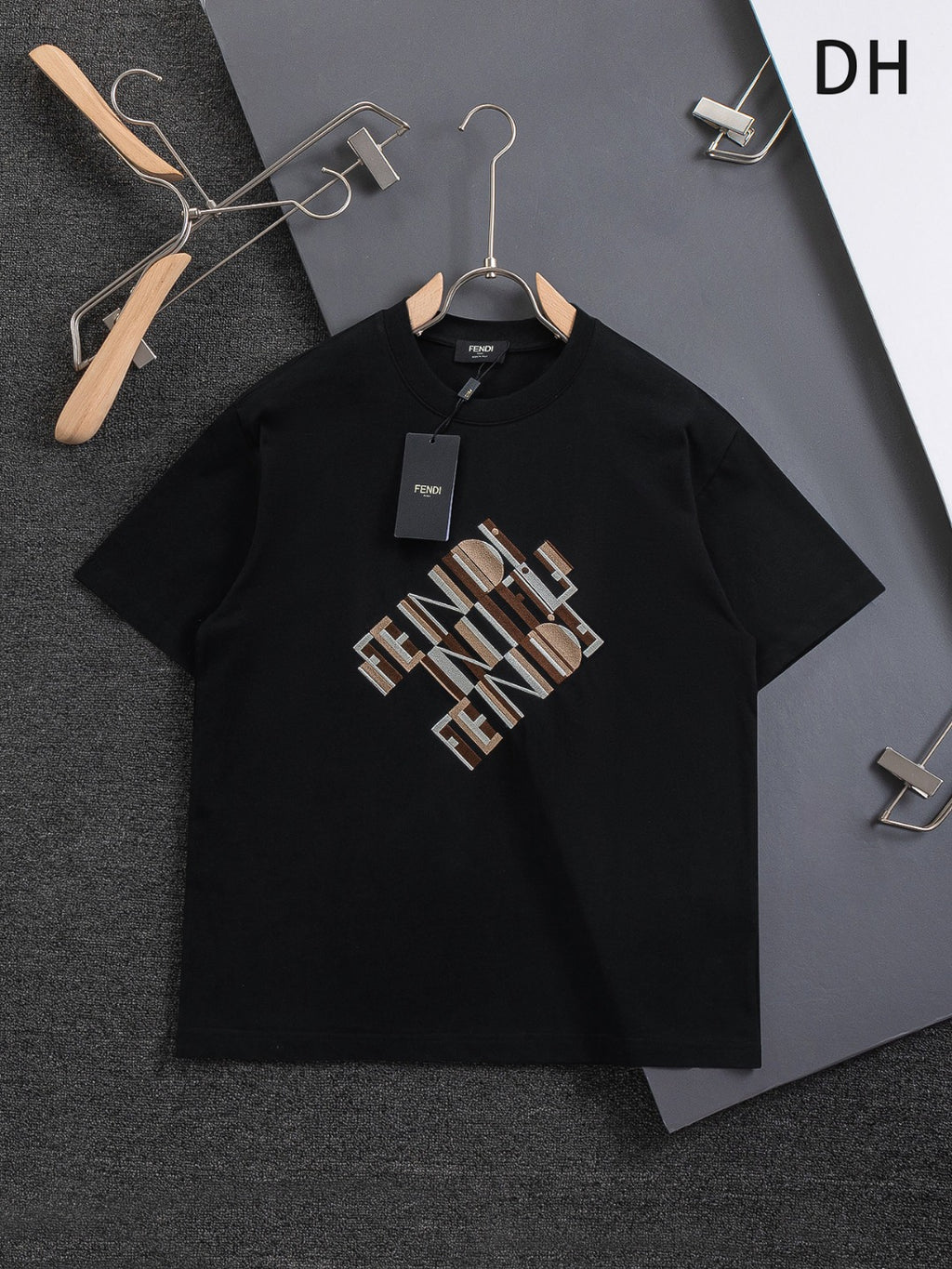 Black Fendi short-sleeve T-shirt with large FENDI logo graphic on front