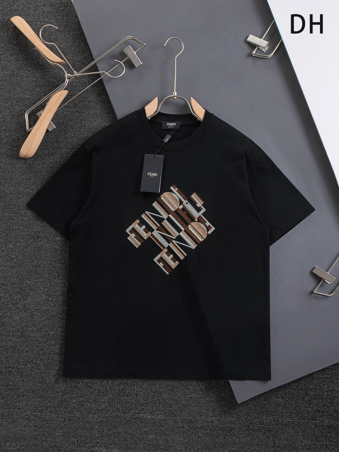 Black Fendi short-sleeve T-shirt with large FENDI logo graphic on front