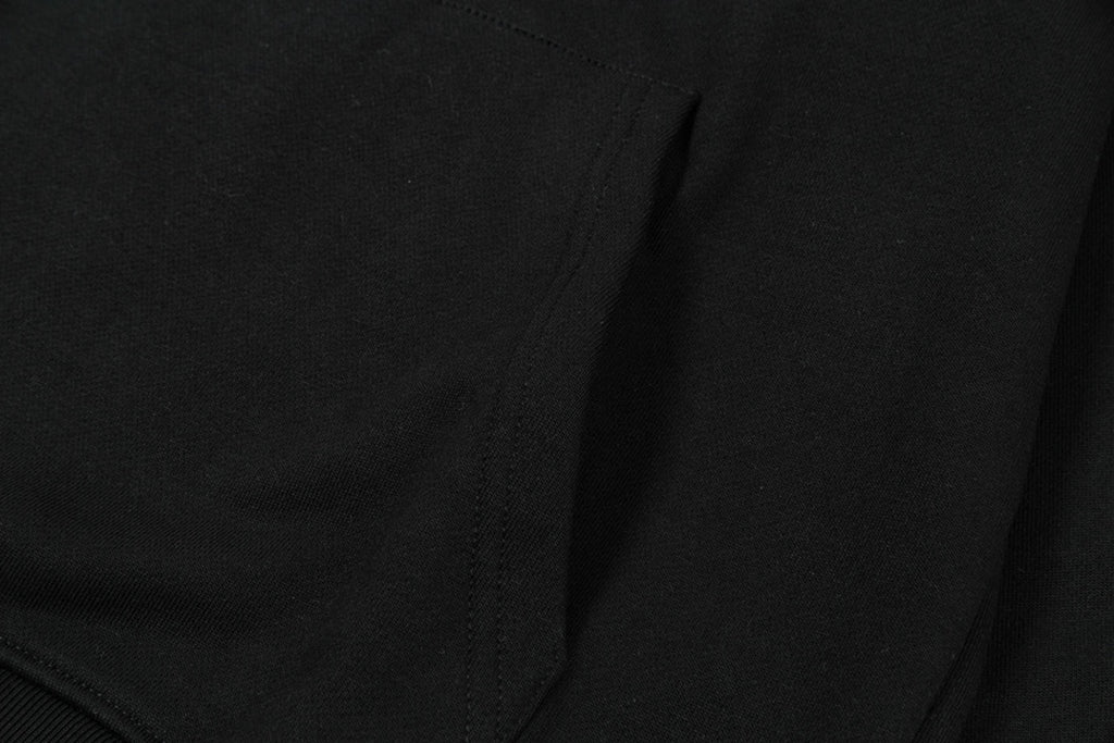 Black hoodie fabric and seam detail