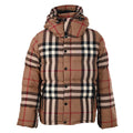 Long quilted hooded jacket in tan and black plaid with button front