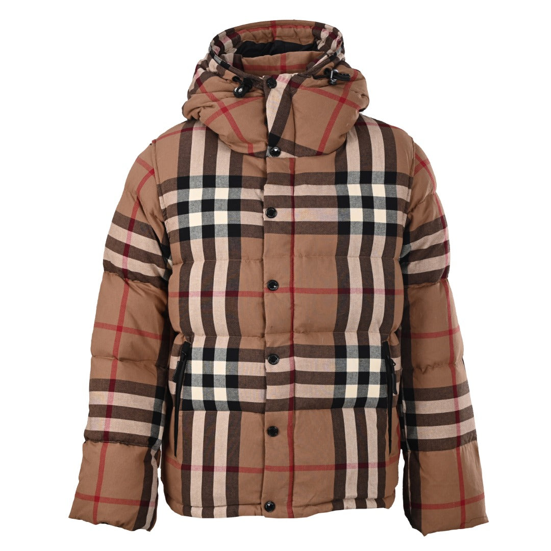 Long quilted hooded jacket in tan and black plaid with button front