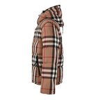 Long quilted hooded jacket in tan and black plaid, side view