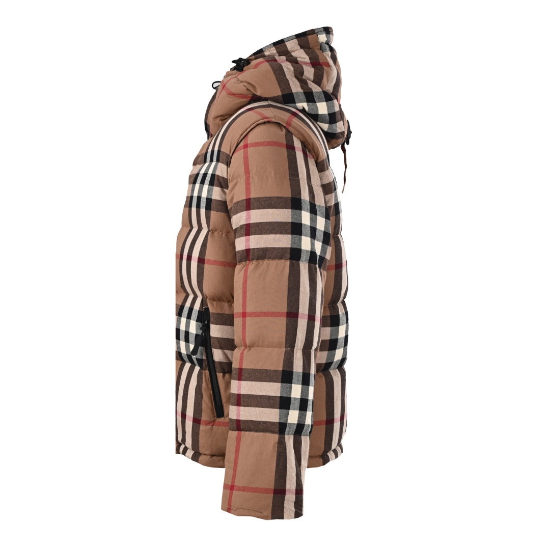 Long quilted hooded jacket in tan and black plaid, side view