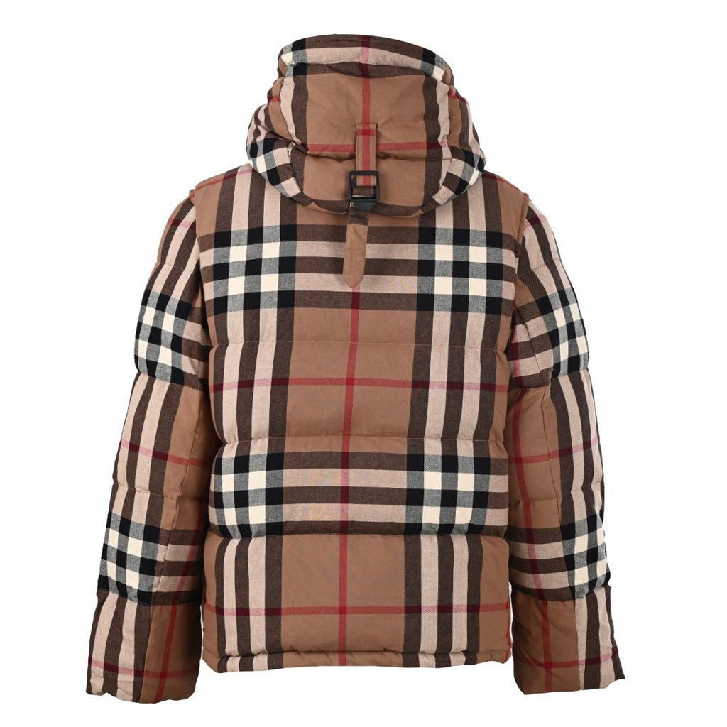 Long quilted hooded jacket in tan and black plaid, front view