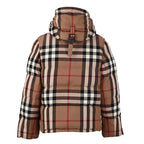Long quilted hooded jacket in tan and black plaid, front view