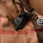 Plaid jacket fabric with snap tab and round metal button detail