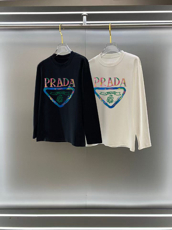 Prada graphic long-sleeve top, dark navy, crew neck, colorful triangular print