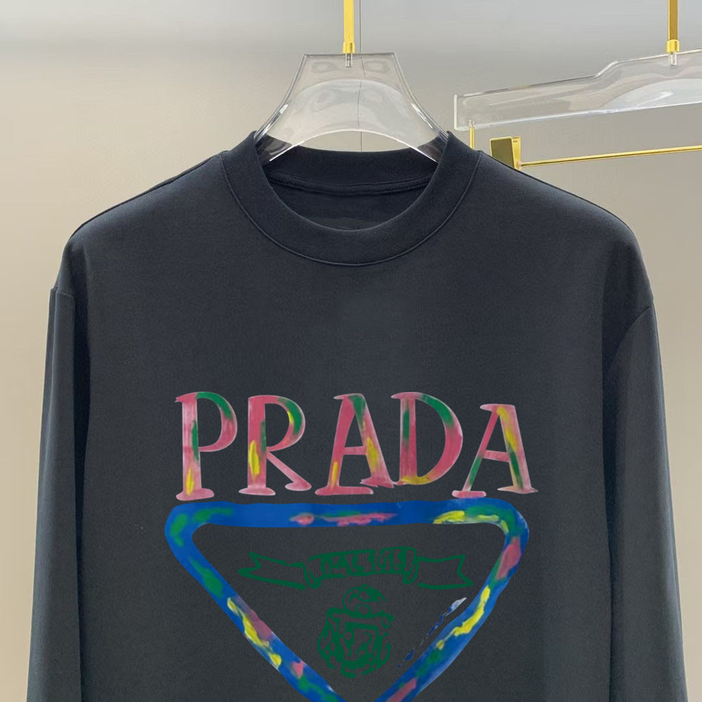 Prada long-sleeve top, dark navy, PRADA wordmark with colorful triangular graphic
