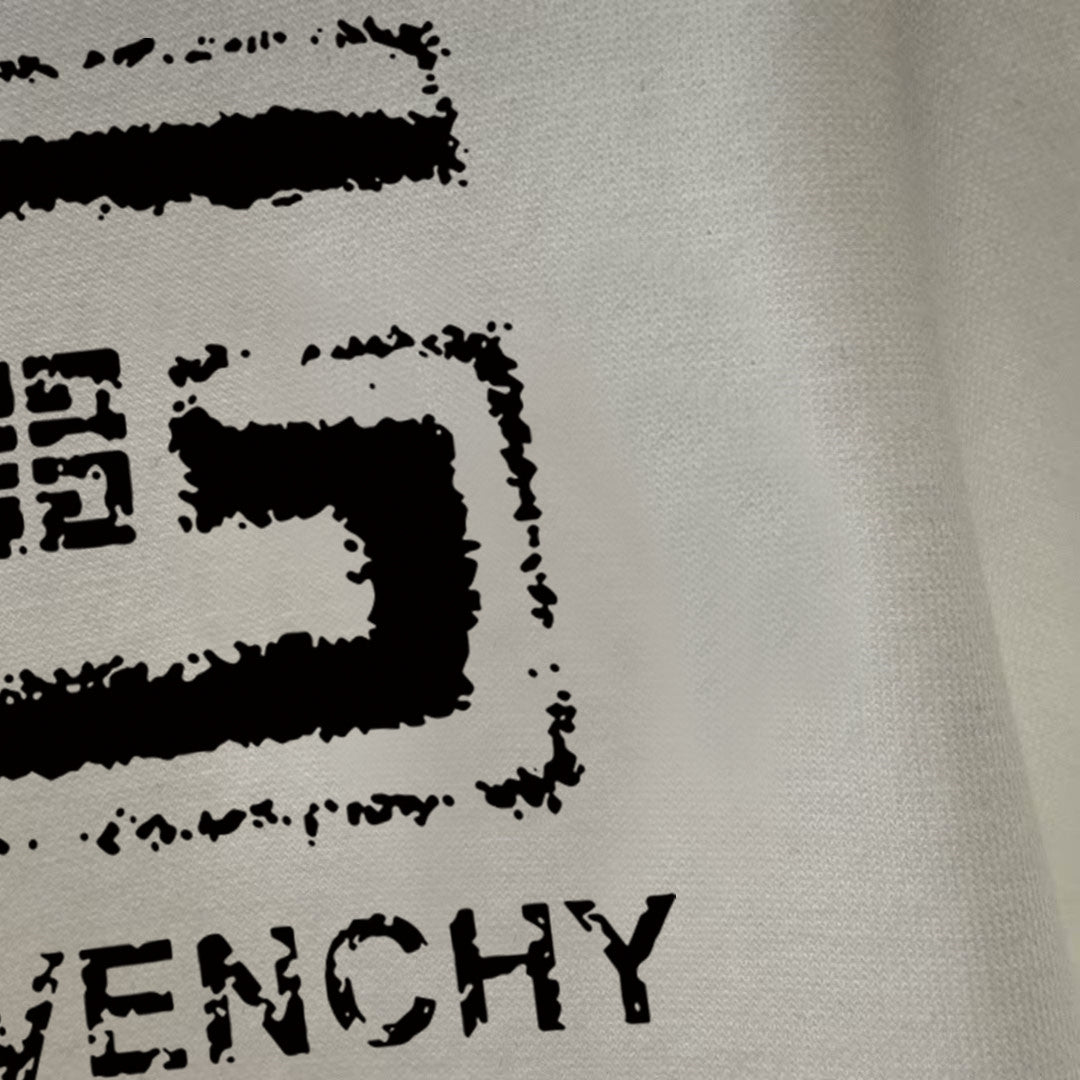 White crewneck sweatshirt with black graphic logo and GIVENCHY text