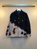 Louis Vuitton long jacket with navy monogram pattern and multicolor flame hem