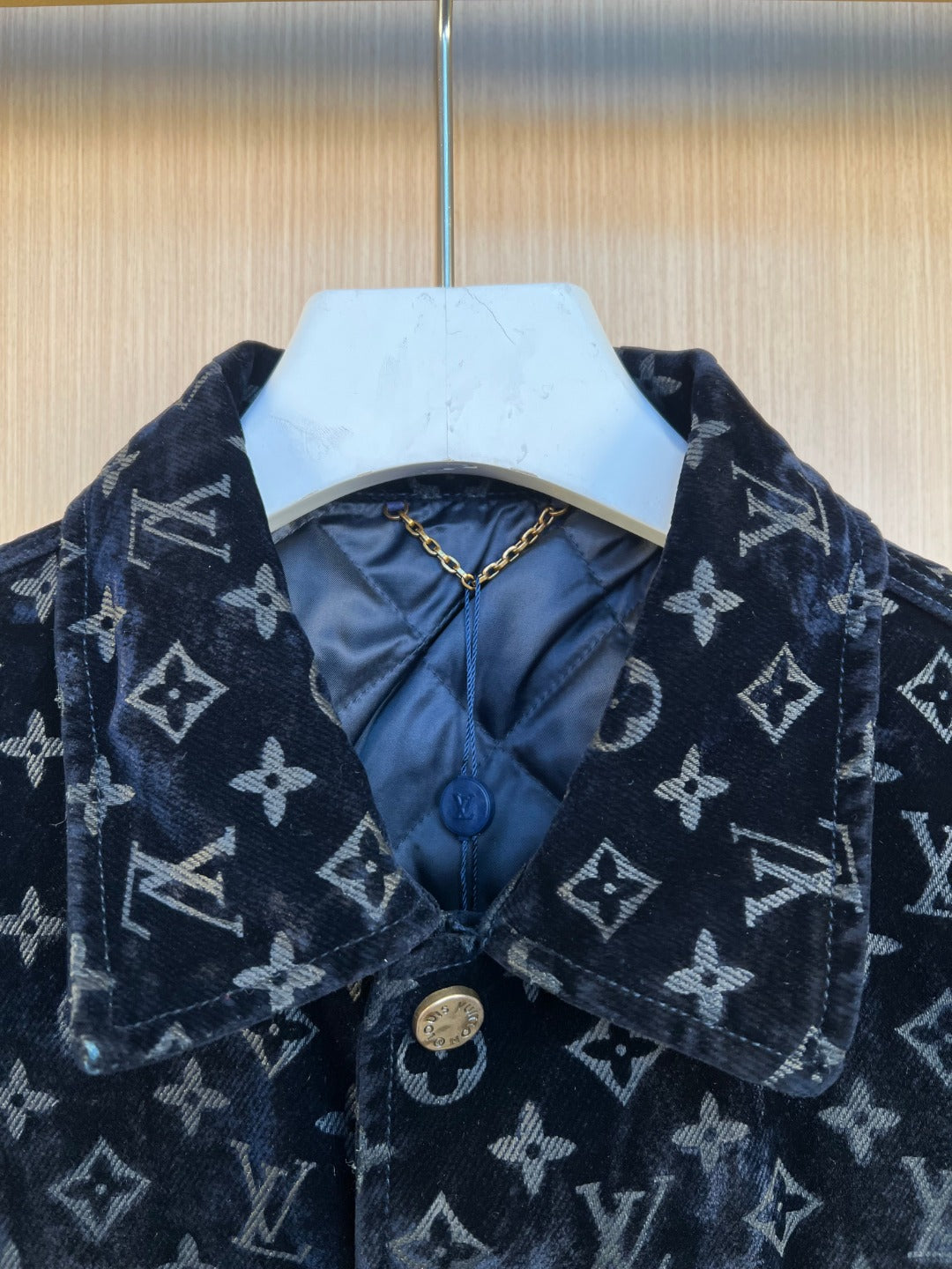 Louis Vuitton monogram jacket collar with blue inner lining and gold buttons